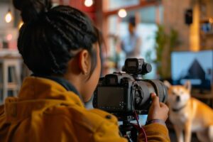 Mulher de costas ajustando a câmera para gravação de conteúdo audiovisual